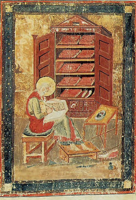Ο Προφήτης Έσδρας. Χαρακτηριστική σκηνή εργασίας βυζαντινού λογίου. Μικρογραφία χειρογράφου της Λαυρεντιανής Βιβλιοθήκης της Φλωρεντίας