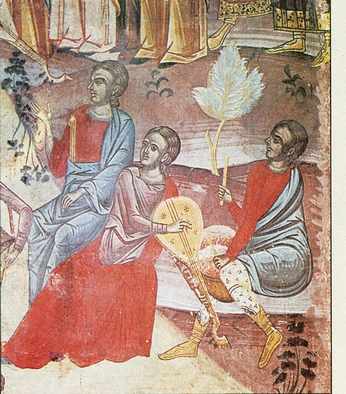 Λαγούτο και τύμπανα(ανακαράδες) συνοδεύουν τον τραγουδιστή. Τοιχογραφία του 17ου αι.Μονή Τίμιου Σταυρού