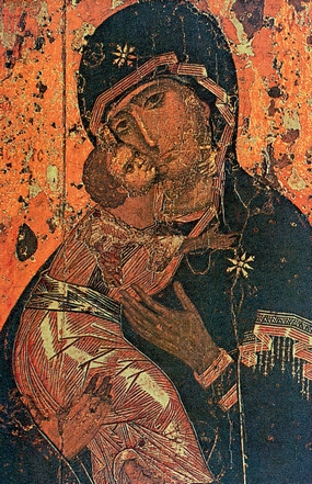 Εικόνα με την Παρθένο του Βλαδιμίρ. Φιλοτεχνήθηκε στην Κωνσταντινούπολη περί το 1125 και μεταφέρθηκε στη Ρωσία. Επέδρασε βαθιά στην τέχνη του Κιέβου.