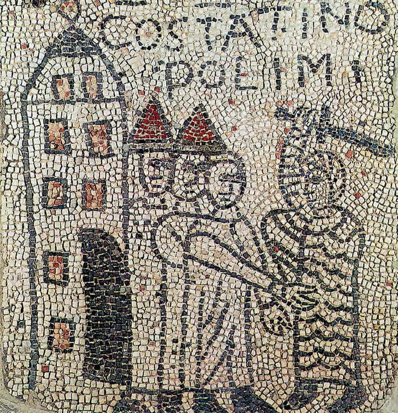 Η άλωση της Κωνσταντινούπολης από τους Λατίνους (1204).Ψηφιδωτή παράσταση του δαπέδου της εκκλησίας του Αγίου Ιωάννη του Ευαγγελιστή της Ραβέννας.