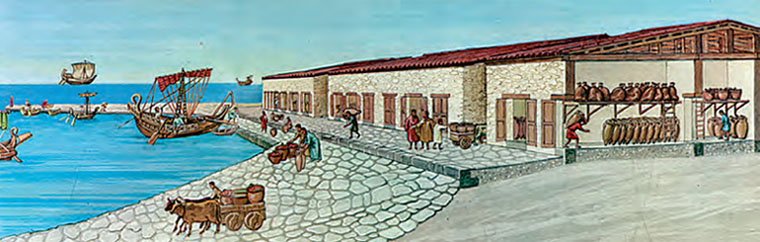 Κεγχρεές. Το λιμάνι της Κορίνθου στον Σαρωνικό Κόλπο με τις αποθήκες του. Αναπαράσταση. ΙΕΕ, τ. 1' (Αθήνα 1978), 292-293