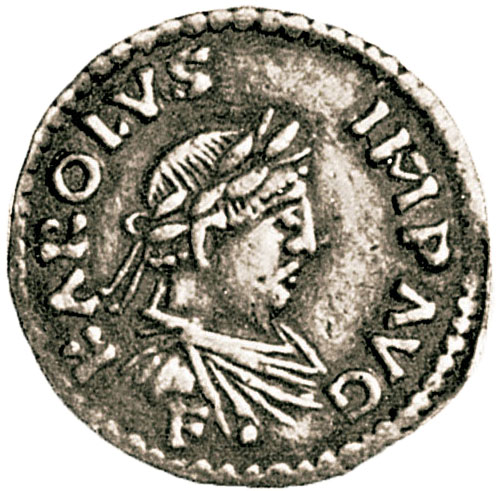 Νόμισμα του Καρλομάγνου (περ.812). Φέρει την επιγραφή στα λατινικά: Κάρολος, Αυτοκράτορας Αύγουστος. Παρίσι, Εθνική Βιβλιοθήκη.
