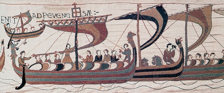 Δράκοντες (drakkar), δηλ. πλοία των Νορμανδών ή Βίκιγκς.Σχέδιο σε τάπητα (11ος αι.). Μπαγιέ, Κέντρο Γουλιέλμου του Κατακτητή. 