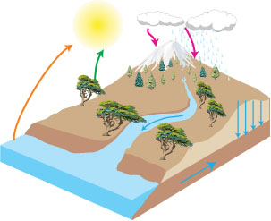 Εικ. 1.2 Στον κύκλο του νερού που πραγματοποιείται στη φύση συμμετέχουν και οι τρεις καταστάσεις του: η στερεή (πάγος), η αέρια (υδρατμοί) και η υγρή.