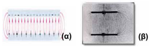 (α) Σχηματική αναπαράσταση των δυναμικών γραμμών του ηλεκτρικού πεδίου ενός επίπεδου πυκνωτή. (β) Αισθητοποίηση των δυναμικών γραμμών του ηλεκτρικού πεδίου επιπέδου πυκνωτή με τη βοήθεια λεπτών μετα ξωτών κλωστών τοποθετημένων σε καστορέλαιο.