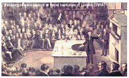 Ο Φαραντέυ (Faraday) ενώ δίνει διάλεξη τα Χριστούγεννα του 1856 στην αίθουσα διαλέξεων του Βασιλικού Ιδρύματος. Τη διάλεξη παρακολουθούν και μέλη της βασιλικής οικογένειας μεταξύ των οποίων βρίσκεται και ο πρίγκιπας της Ουαλίας (ο μελλοντικός Εδουάρδος Ζ’).
