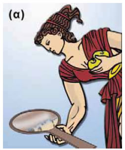 (α) Οι άνθρωποι αρχικά καθρεφτίζονταν στην ήρεμη επιφάνεια του νερού. (β) Χάλκινος καθρέφτης του 2.500 π.Χ. 
