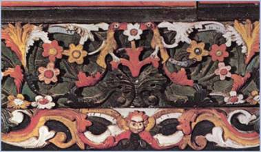 Λεπτομέρεια από το ξυλόγλυπτο χρωματιστό τέμπλο του Ναού της Υψώσεως του Σταυρού στην Ανεμούτσα Πηλίου