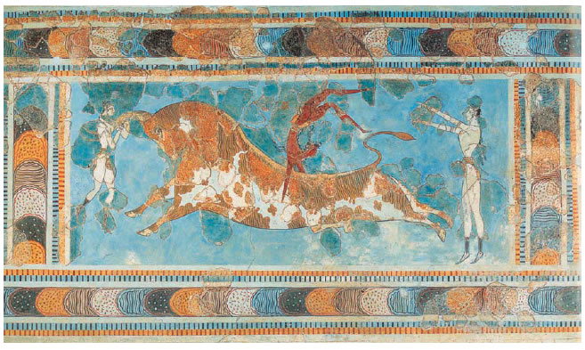 Ταυροκαθάψια: Τοιχογραφία από το ανάκτορο της Κνωσού. Μέσα του 15 ου αιώνα πΧ.