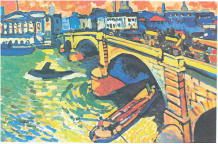 60. Α.Ντεραίν «Η γέφυρα Blaktfiars στο Λονδίνο» 1906. Εκτυφλωτικό χρώμα με πλούσιες ποικιλίες. Τα αντιφεγγίσματα του νερού και το ζωηρό χρώμα του ουρανού και της γέφυρας κάνουν έντονη αντίθεση με τις γαλάζιες σκιές, εκφράζοντας ένταση και ανησυχία. Φωβισμός