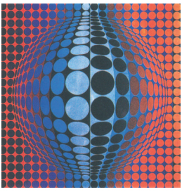74. Βαζαρέλι «Vega-Fel» 1960. Οπ- Αρτ* Η σφαιρική διάταξη των γραμμών, η ρυθμική μεταβολή των διαστάσεών τους και η εναλλαγή των κόκκινων, μπλε και μαύρων κύκλων έχουν ως αποτέλεσμα την εντύπωση της συνεχούς κίνησης.