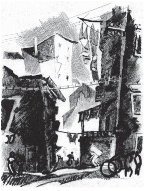 259. Ν. Βεντούρας «Οδός Αγίας Σοφίας» 1945 χαλκογραφία, ξηρή χάραξη