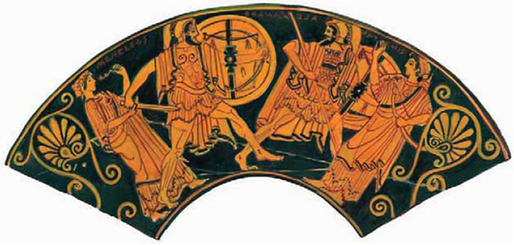Εικόνα 11. Μονομαχία Μενέλαου και Πάρη (Αλέξανδρου). Ο Μενέλαος καταδιώκει με γυμνό ξίφος τον Πάρη, που φεύγει κοιτάζοντας πίσω. Ερυθρόμορφη κύλικα, γύρω στο 485 π.Χ. Παρίσι, Μουσείο Λούβρου (αντίγραφο).