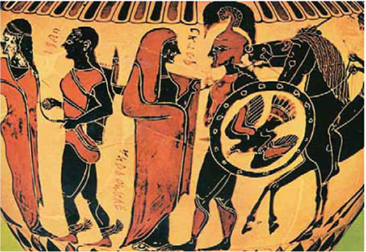 Εικόνα 17. Ο Έκτορας και ο Πάρης αποχαιρετούν τις γυναίκες τους πριν ξεκινήσουν για τη μάχη. Χαλκιδικός κρατήρας, 530-520 π.Χ. Γερμανία, Μουσείο Wuelzburg (αντίγραφο).