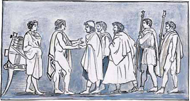 Εικόνα 21. Η πρεσβεία φτάνει στη σκηνή του Αχιλλέα. Χαλκογραφία σε σχέδιο του John Flaxman, 1805 (αντίγραφο).