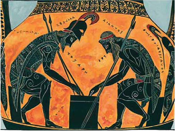 Εικόνα 22. Αίας και Αχιλλέας σε παιχνίδι ανάλογο με τα ζάρια (επιφωνήσεις: τέσσερα, τρία). Μελανόμορφος αμφορέας, περί¬που 530 π.Χ. Ρώμη, Μουσείο Βατικανού.