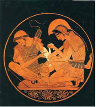 Εικόνα 26. Ο Αχιλλέας φροντίζει το πληγωμένο χέρι του Πάτροκλου. Ερυθρόμορφη κύλικα, 500 π.Χ. περίπου. Βερολίνο, Κρατικό Μουσείο (αντίγραφο).