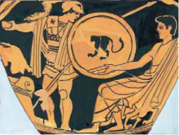 Εικόνα 27. Ο Πάτροκλος φοράει τα άρματα του Αχιλλέα. Στέκει μπροστά στο βωμό κρατώντας φιάλη και στρέφει το βλέμμα προς τον καθισμένο Αχιλλέα, που κάνει σπονδή για τον καλό γυρισμό του. Ερυθρόμορφη στάμνος, γύρω στο 480 π.Χ. Ρώμη, Βίλα Τζούλια (αντίγραφο).