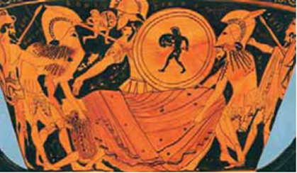 Εικόνα 29. Οι Αχαιοί σηκώνουν το κορμί του νεκρού Πά¬τροκλου, ενώ η ψυχή του πετάει τριγύρω με τη μορφή πά¬νοπλου πολεμιστή. Ερυθρόμορφος κρατήρας, περίπου 500 π.Χ. Ακράγας, Αρχαιολογικό Μουσείο (αντίγραφο).