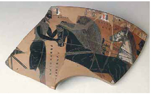 Εικόνα 30. Ο Αχιλλέας ζεύει τα άλογά του. Αττικός μελανόμορφος κάνθαρος, 560-550 π.Χ. Αθήνα, Εθνικό Αρχαιολογικό Μουσείο (αντίγραφο).
