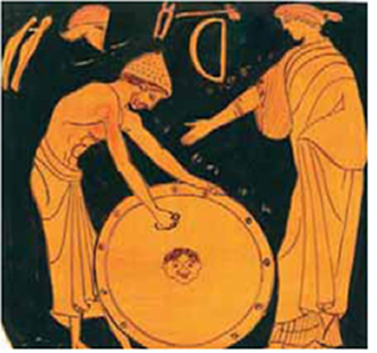 Εικόνα 31. Η Θέτιδα στο εργαστήρι του Ήφαιστου. Ερυθρόμορφος αμφορέας, 480 π.Χ. περίπου. Βοστόνη, Μουσείο Καλών Τεχνών (αντίγραφο).