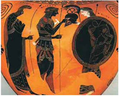 Εικόνα 33. Η Θέτιδα παραδίδει τα όπλα στον Αχιλλέα. Μελανόμορφος αμφορέας γύρω στο 525 π.Χ. Βοστόνη, Μουσείο Καλών τεχνών (αντίγραφο)