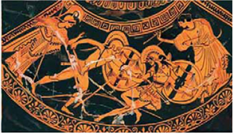 Εικόνα 35. Σύγκρουση Αχιλλέα και Έκτορα. Ερυθρόμορφη υδρία, γύρω στο 490 π.Χ. Ρώμη, Μουσείο Βατικανού (αντίγραφο).