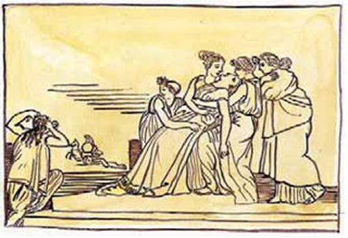 Εικόνα 39: Η Ανδρομάχη λιποθυμάει, ενώ στο βάθος διακρίνεται η κακοποίηση του Έκτορα. Χαλκογραφία σε σχέδιο του John Flaxman, 1805 (αντίγραφο).