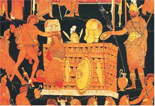 Εικόνα 40. Η σφαγή των Τρώων αιχμαλώτων μπροστά στον τάφο του Πάτροκλου. Απουλικός κρατήρας, 340-330 π.Χ. Νεάπολη, Εθνικό Αρχαιολογικό Μουσείο (αντίγραφο).