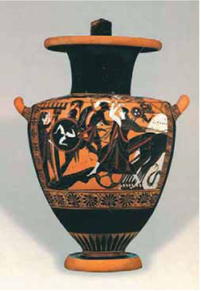 Εικόνα 41. Δεύτερη κακοποίηση του νεκρού Έκτορα. Μελανόμορφη υδρία, γύρω στο 510 π.Χ. Βοστόνη, Μουσείο Καλών Τεχνών (αντίγραφο).