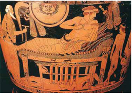 Εικόνα 43. Η ικεσία του Πρίαμου. Ερυθρόμορφος σκύφος, γύρω στο 485-480 π.Χ. Βιέννη, Μουσείο Ιστορίας της Τέχνης (αντίγραφο).
