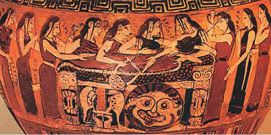 Εικόνα 47. Η Θέτιδα και οι Νηρηίδες θρηνούν το νεκρό Αχιλλέα. Κορινθιακή υδρία, 570 π.Χ. περίπου.Εικόνα 47. Η Θέτιδα και οι Νηρηίδες θρηνούν το νεκρό Αχιλλέα. Κορινθιακή υδρία, 570 π.Χ. περίπου.