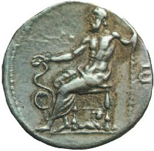 Ο Ασκληπιός με το ιερό φίδι. Νομισματική συλλογή Εθνικού Αρχαιολογικού Μουσείου.