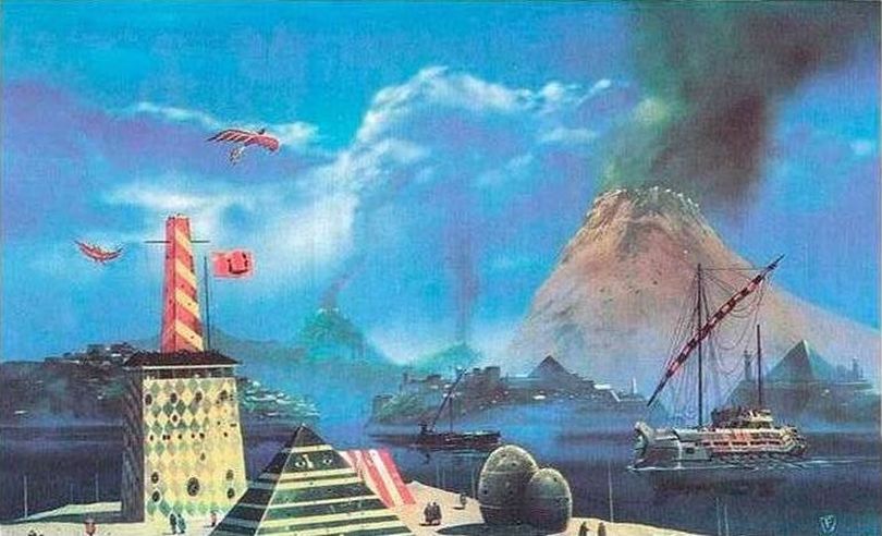 «Ατλαντίς», πίνακας του Chris Foss (γύρω στο 1980). Ο πλατωνικός μύθος για την Ατλαντίδα, την πόλη που βυθίστηκε στον Ωκεανό, ενέπνευσε και εμπνέει μυθιστοριογράφους, ποιητές, φιλοσόφους και ζωγράφους.