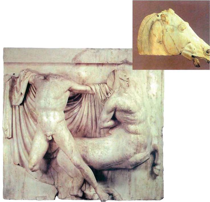Δεξιά: Κεφάλι αλόγου από το τέθριππο της Σελήνης. Από το ανατολικό αέτωμα του Παρθενώνα, 438-432 π. Χ., Λονδίνο, British Museum. Κάτω: Μετόπη από τη νότια πρόσοψη του Παρθενώνα, 447-438 π.Χ. Λαπίθης παλεύει με Κένταυρο. Λονδίνο, British Museum.
