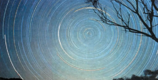 Εικόνα 1.3.21 H Γη περιστρέφεται γύρω από τον άξονά της με σταθερή περίοδο. Av τοποθετήσουμε στο Βόρειο Πόλο μία φωτογραφική μηχανή, αυτή στη διάρκεια της νύχτας θα φωτογραφίσει τις τροχιές των άστρων. Όπως φαίνεται στη φωτογραφία, τα άστρα φαίνεται να κάνουν κυκλική κίνηση.