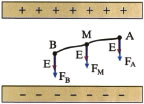 Οι δυνάμεις στις θέσεις Α, Β, Μ ομογενούς πεδίου σε θετικό φορτίο q είναι ίσες, όπως και σε κάθε άλλο σημείο του. Εικόνα 1-25.