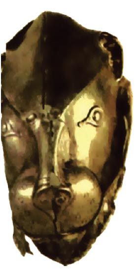 Χρυσό τελετουργικό σκεύος σε σχήμα κεφαλής λιονταριού (16ος αι. π.Χ.) από βασιλικό τάφο του ταφικού περιβόλου Α των Μυκηνών. (Αθήνα, Εθνικό Αρχαιολ. Μουσείο) 
