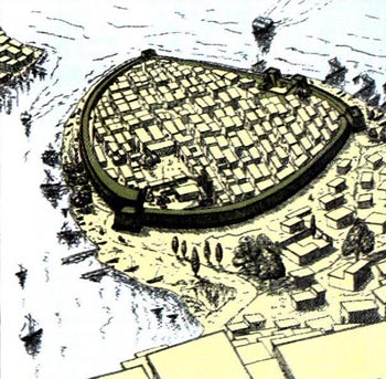 Η αρχαία Σμύρνη. Σχέδιο αναπαράστασης της πόλης προς τα τέλη τον 7ου αι. π.Χ. Τα ανασκαφικά δεδομένα απέδειξαν ότι η Σμύρνη είναι μία από τις πρώτες ελληνικές πόλεις που διαθέτουν τα χαρακτηριστικά αστικής οργάνωσης.