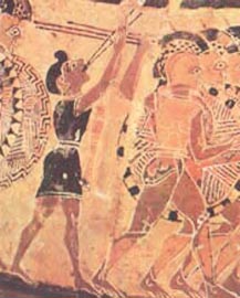 Λεπτομέρεια από την παράσταση που διακοσμούσε αγγείο τον β' μισού τον 7ου αι. π.Χ. Απεικονίζει σκηνή της νέας πολεμικής τακτικής που καθιέρωσε η οπλιτική φάλαγγα. (Ρώμη, Μουσείο Βίλλα Τζούλια)