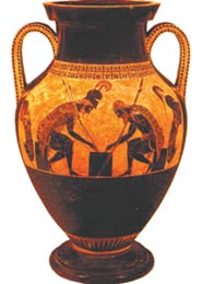 Αμφορέας διακοσμημένος από τον Εξηκία, Αθηναίο αγγειογράφο. Οι μορφές ζωγραφίζονται με μαύρο χρώμα πάνω στον πηλό (β'μισό 6ου αι. π.Χ.). (Βατικανό, Γρηγοριανό - Ετρουσκικό Μουσείο)