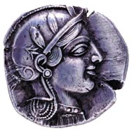 Η μία όψη αθηναϊκού νομίσματος τον 5ου αι. π.Χ. με το κεφάλι της θεάς Αθηνάς. Είχε ευρύτατη κυκλοφορία στις αγορές του ελληνικού κόσμου.(Αθήνα, Νομισματικό Μουσείο)