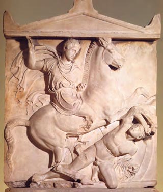 Επιτύμβιο μνημείο τον Δεξίλεω από τον Κεραμεικό. Ο νεαρός Αθηναίος, που έφιππος αντιμετωπίζει τον εχθρό, σκοτώθηκε σε μια από τις συγκρούσεις του Κορινθιακού πολέμου (394 π.Χ.).(Αθήνα, Μουσείο Κεραμεικού)