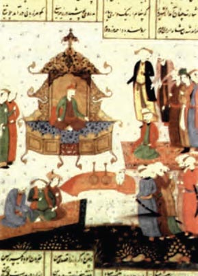 Εικονογράφηση επικού ποιήματος τον Πέρση ποιητή Νιζαμί (17ος αι.). Στη μικρογραφία εικονίζεται στο θρόνο ο Αλέξανδρος. Ο θρύλος τον υιοθετήθηκε από πολλούς λαούς. (Παρίσι, Εθνική Βιβλιοθήκη).