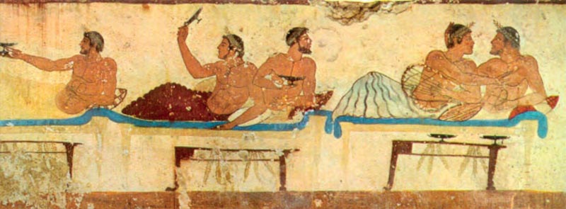 Τοιχογραφία από τάφο της Ποσειδωνίας. Σκηνή συμποσίου. Αντιπροσωπευτικό έργο της ελληνικής ζωγραφικής των κλασικών χρόνων. (Μουσείο Paestum)