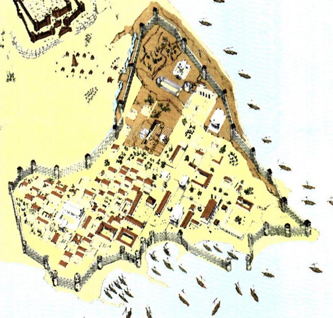 Αναπαράσταση της πόλης της Ρόδου στα τέλη του 4ου αι. π.Χ. Περιβαλλόταν από ισχυρά τείχη και διέθετε λιμάνια που διευκόλυναν την εμπορική της ανάπτυξη. Στους ελληνιστικούς χρόνους η Ρόδος ήταν ένα μεγάλο εμπορικό κέντρο της Μεσογείου.
