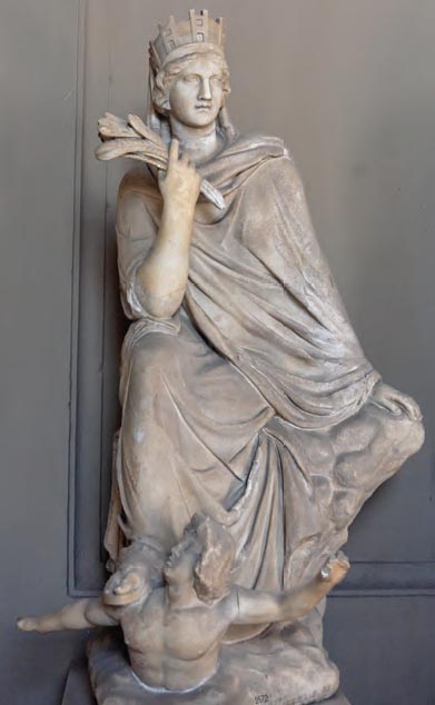 Άγαλμα της Τύχης της Αντιόχειας (300 π.Χ.). Είναι αλληγορική απεικόνιση της πόλης. Η γυναικεία μορφή στο κεφάλι φέρει ως στέμμα τα τείχη της πόλης, πατάει σε ένα νέο που συμβολίζει τον Ορόντη ποταμό και κρατάει στάχυα που συμβολίζουν την ευημερία της. (Ρώμη, Μουσείο Βατικανού)