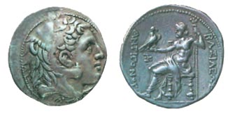 Τετράδραχμο του Αντιγόνου. Στη μια πλευρά φέρει το κεφάλι του Αλεξάνδρου στην άλλη το Δία και την επιγραφή «Βασιλέως Αντιγόνου». (Αθήνα, Νομισματικό Μουσείο) 