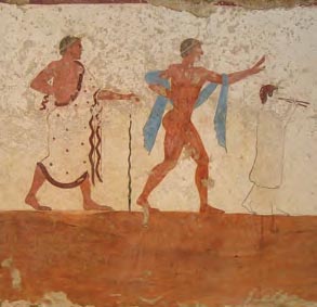 Λεπτομέρεια τοιχογραφίας από τάφο της Ποσειδωνίας. Παρουσιάζει πομπή. Είναι χαρακτηριστικό δείγμα της μεγάλης ελληνικής ζωγραφικής τον 5ου αι. π. Χ. (Ποσειδώνια, Μουσείο Paestum)