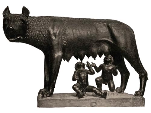 Χάλκινο σύμπλεγμα της λύκαινας που θηλάζει το Ρωμύλο και το Ρέμο. Τον 4ο αι. π.Χ. πήραν την οριστική τους μορφή οι μύθοι που αναφέρονταν στην ίδρυση της Ρώμης.(Ρώμη. Μουσείο Καπιτωλίου)